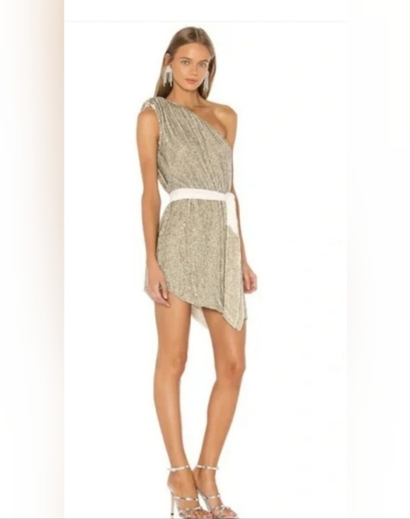 Retrofete Dresses & Skirts - Retrofete Ella Champagne Gold One-Shoulder Mini Dress Small